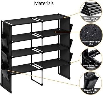 FREE EXPRESS SHIPPING 4-Tier Shoe Rack, Shoe Racks Storage Organizer, Shoe Holder with 6 Side Pockets, Large Shoe Storage Shelves for Wardrobe Bedroom Door Closet Entryway Hallway, Holds Up To 20-24 Pairs