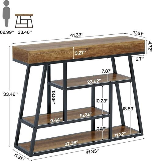 Industrial Narrow Console Table, 4-Tier with Storage Space