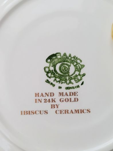 Decorative wall ceramic plate from Rhodes, Greece with 24k gold trim by Ibiscus Ceramics and Ceramica Olimpia S. A.   diameter 25cm