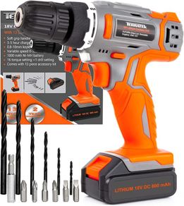13Pc Cordless Drill Driver 18V/20V-Max Lithium-Ion, Electric Screwdriver, Accessory Kit, LED Work Light, Quick Change Battery & Charger Included (18V Cordless Drill & 13pc Kit)