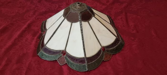 30.5 Inch Tall Large Art Deco Tiffany Style Table Lamp With Metal And Black Striped Amber Glass Stand With Stained Glass Shade