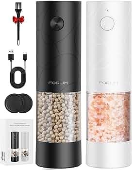 Rechargeable Electric Salt and Pepper Grinder Set, Salt and Pepper Mill with Ceramic Grind, Dust Cover with One-Button Control, Adjustable Coarseness, LED Light, for Home & Kitchen, Black&White