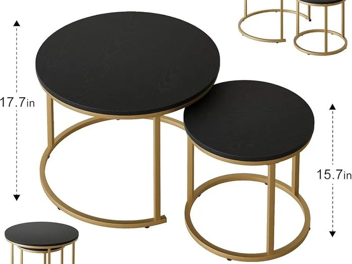 Round Coffee Tables, Set of 2 End Table, Nesting Tables, Side Table Metal Gold Frame for Living Room/Bedroom/Balcony/Office/Apartment, Diameter 23.6/15.7 IN, Black Top, Prevent right angles
