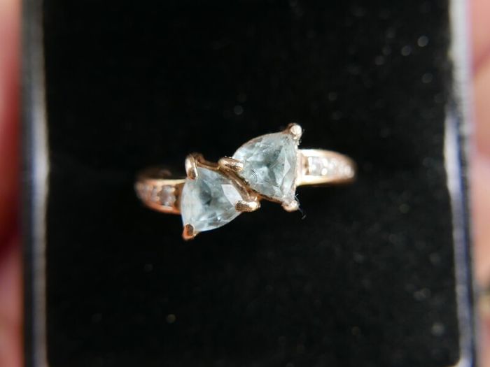 Vintage Solid 14k Gold Aquamarines And Diamonds Ring Size O - 3,35g