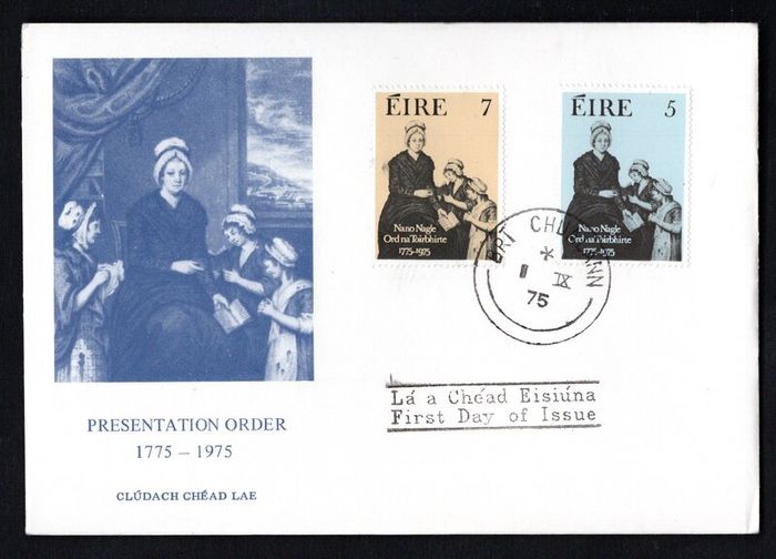 1975 Ireland Bi-Centenary of the Foundation of the Presentation Order of Nuns Commemorative Stamp Illustrated Harp First Day Cover (FDC) with Bri Chualann (Bray) steele cancel