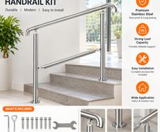 Stainless Steel Adjustable 3 Step Handrail for Indoor and Outdoor Stairs, 99.8 kg Capacity with Installation Kit for Porch and Steps