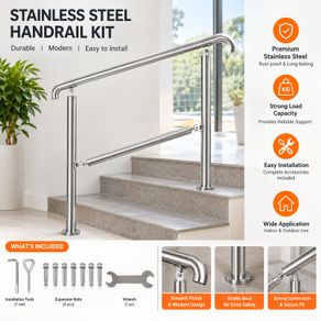 Stainless Steel Adjustable 3 Step Handrail for Indoor and Outdoor Stairs, 99.8 kg Capacity with Installation Kit for Porch and Steps