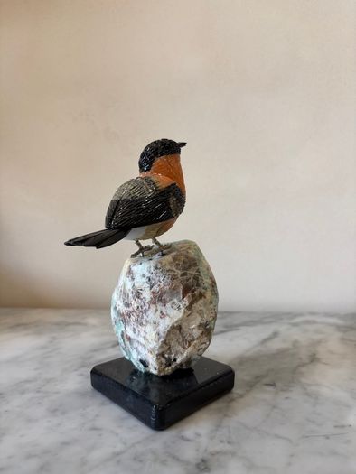Hand-Carved Gemstone Bullfinch on Raw Amazonite Base