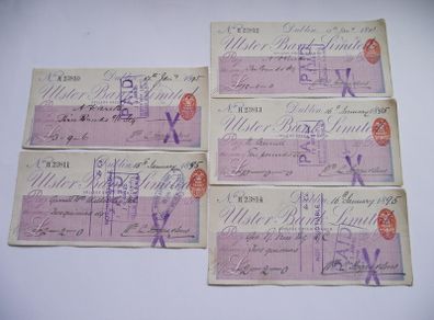 5 Vintage Cheques from Ulster Bank with Consecutive numbers (1895)