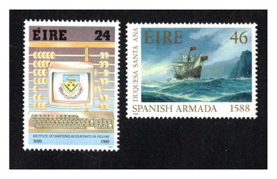 1988 Ireland Anniversaries: 400th of Spanish Armada & Centenary of Institute of Chartered Accountants in Ireland Commemorative Stamps Mint Never Hinged (MNH)