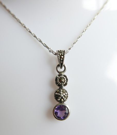 Vintage 925 Sterling Silver Amethyst and Marcasite Necklace and Earring Set