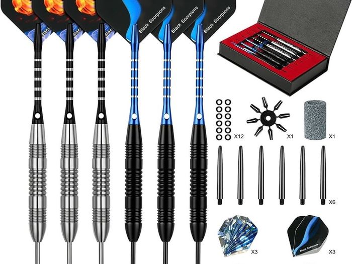 Steel Darts Set, Professional 23g Darts Tip with Non-Slip Stainless Steel Shaft, Poly Flights, PVC Shafts, Dart Sharpener, Rubber Rings, Flight Protecter, with Gift Box