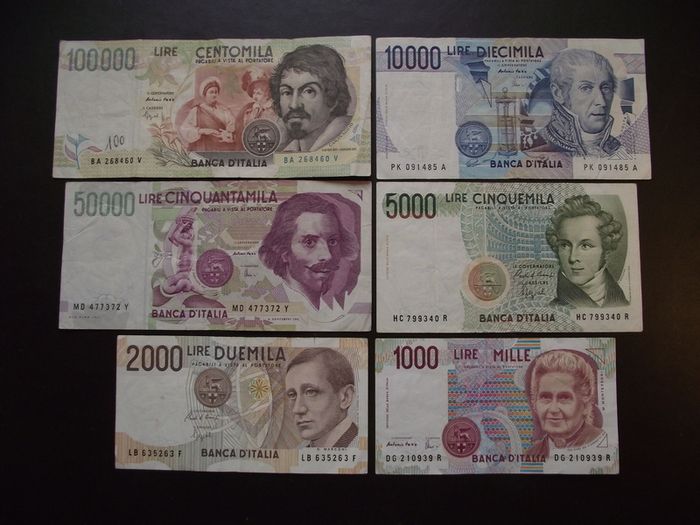 Italy: 6 Notes: 100000l+50000l+10000l+5000l+2000l+1000l (1984-1994) Good Condition!