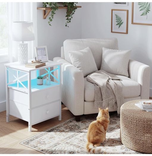 Bedside Table Set of 2, Side Table with Charging Station and Led Lights