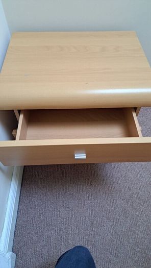 Two light wood bedroom lockers & freestanding mirr