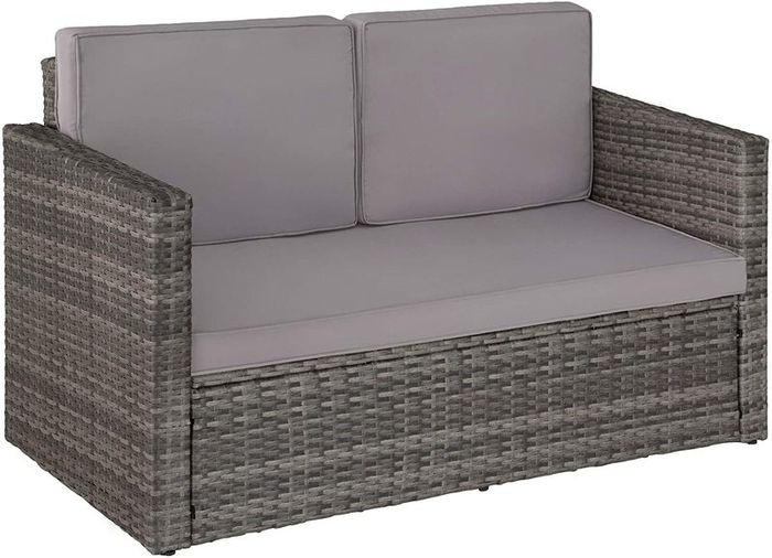 _Poly Rattan Lounge Set, 2-Seater Sofa with Backrest, Large Stool with Folding Support, Incl. Thick Cushions, Garden Furniture Set for Garden and Terrace