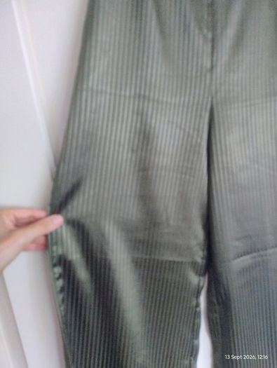 Skylar Rose Olive Green Satin Striped Wide-Leg Trousers ]
