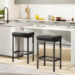 Bar Stools Set of 2, 66 cm Bar Stool, Bar Stool, Black, Leather Bar Stool, 6 cm Thick Cushion Bar Chair Set of 2, Kitchen Chairs with Metal Frame