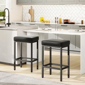 Bar Stools Set of 2, 66 cm Bar Stool, Bar Stool, Black, Leather Bar Stool, 6 cm Thick Cushion Bar Chair Set of 2, Kitchen Chairs with Metal Frame