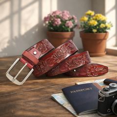 Unisex Genuine Leather Tooled Belt Vintage Floral Western Leather Belt for Men Women