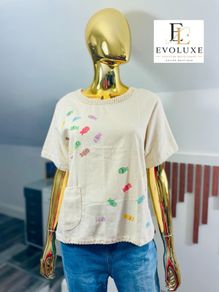 Textured cotton linen blend top with prints