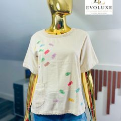 Textured cotton linen blend top with prints