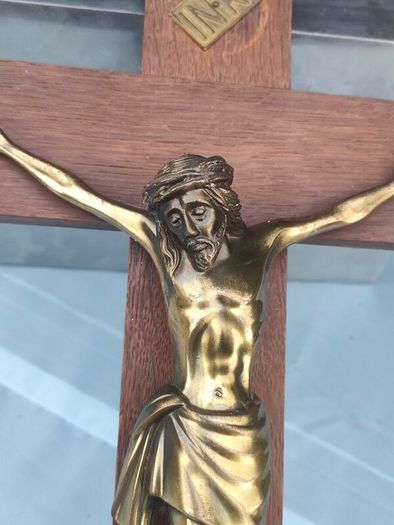 16" Mid Century Brass Christ on Mahogany cross