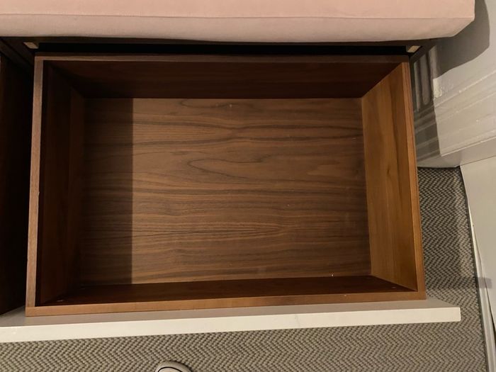 handmade storage bench/window seat with two large built-in drawers and a comfortable upholstered cushion