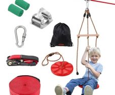 Zipline Kit for Kids and Adult, 65 ft Zip Line Kits Up to 500 lb, Backyard Outdoor Quick Setup Zipline, Playground Entertainment with Zipline, Nylon Safety Harness, Seat, and Handlebar