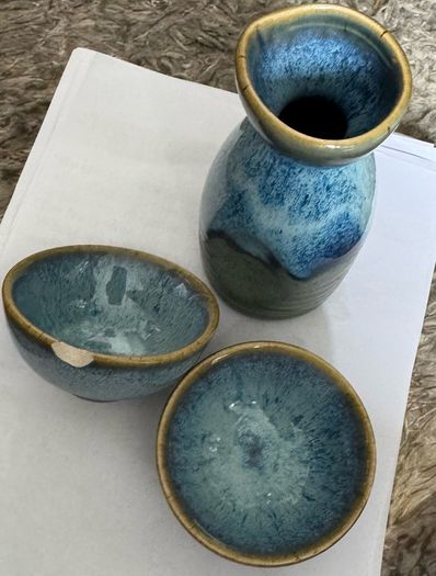 Sake Set 1 Pot & 2 Cups Japanese Ceramic Hand-Painted Traditional