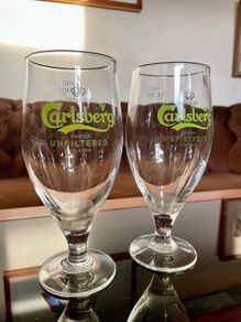 Two Carlsberg Unfiltered Pedestal Goblet Pint Glasses