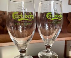 Two Carlsberg Unfiltered Pedestal Goblet Pint Glasses