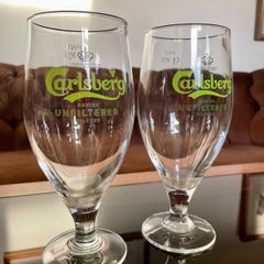Two Carlsberg Unfiltered Pedestal Goblet Pint Glasses