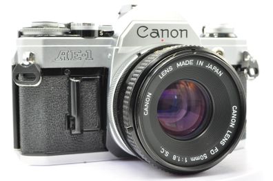 Canon AE-1 Silver/ Chrome 35mm SLR Film Camera with fast Canon FD 50mm f1. 8 FDn, Recently FULLY SERVICED and in Good Condition.