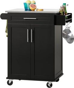 Kitchen Trolley Storage Cabinet with Wheels Multifunctional Sideboard Serving Trolley with Door and Drawer Stainless Steel Tray,