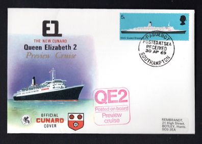 1969 Great Britain Cover Celebrating Preview Cruise of the The New Cunard Queen Elizabeth 2 with paquebot cancel from Southampton tying stamp