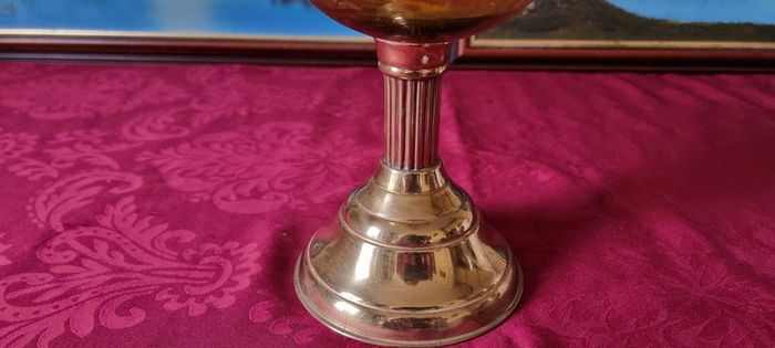 Vintage 21 Inches Tall Brass Double Burner Victorian Oil Lamp With Amber Glass Oil Font And With White Opaque Fluted  Glass Globe Shade