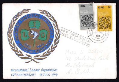 1969 Ireland 50th Anniversary of The International Labour Organisation Commemorative Stamps Illustrated First Day Cover (FDC)