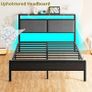 4FT6 Double Bed Frame, Metal Platform Upholstered Bed Frame with Storage Headboard, Heavy Duty Metal Bed Double Size with LED Lights and Charging Station,Mattress Foundation (Black) Image 8