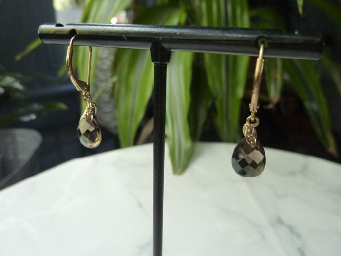 9ct Gold Smoky Quartz and Diamond Drop Earrings, Leverback, 1.58g