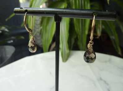 9ct Gold Smoky Quartz and Diamond Drop Earrings, Leverback, 1.58g