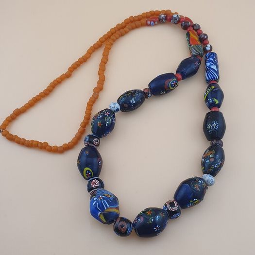 Vintage Venetian Style Floral & African Glass Beads Necklace