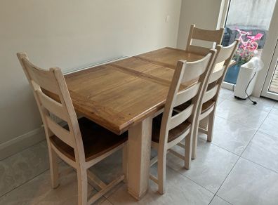 Solid Farmhouse Dining Table, 4 Chairs & Bench