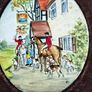 Vintage framed miniature plaque featuring a hand-painted Enamel On Copper Mini Picture Plaque  equestrian or coaching scene mounted on black velvet within a dark wood frame  Fox Hunting Scene. Image 2