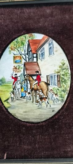 Vintage framed miniature plaque featuring a hand-painted Enamel On Copper Mini Picture Plaque  equestrian or coaching scene mounted on black velvet within a dark wood frame  Fox Hunting Scene.