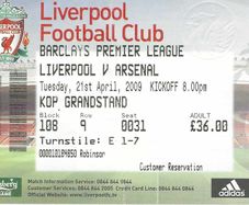 Liverpool vs Arsenal Ticket Stub - April 21, 2009 - Arshavin 4 Goals - 0013
