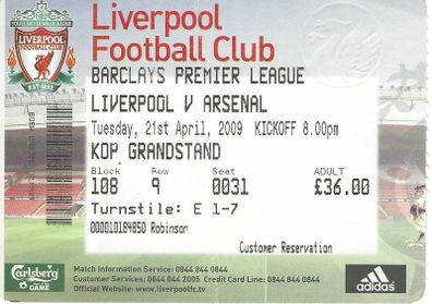 Liverpool vs Arsenal Ticket Stub - April 21, 2009 - Arshavin 4 Goals - 0013