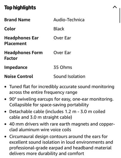 Audio-Technica ATH-M40x Professional Monitor Headphones, Wired, Black