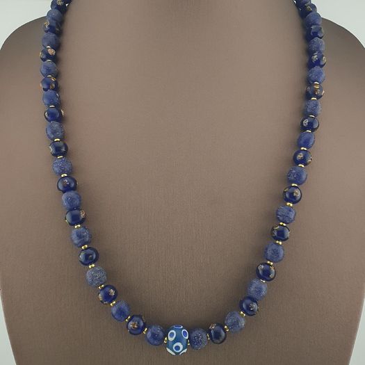 Antique Venetian African Style Floral & African Blue Glass Beads Necklace