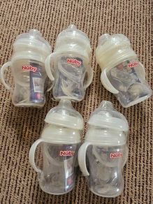 Five Brand New NUBY  Natural Touch 3 Stage Wide Neck Transitioning Bottle to Cup (240ml ) +  Soother  SAMPLE  PACK